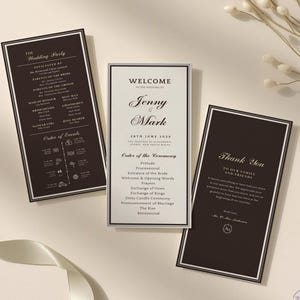 Szablon programu weselnego Espresso, Edytowalny program ceremonii Canva, Luksusowy program weselny Old Money, Brązowy program weselny