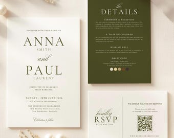 May include: A wedding invitation suite featuring a large cream-colored invitation card, a dark olive green details card, and a cream-colored RSVP card with a QR code. The text includes names Anna Smith and Paul Laurent, event details, and instructions.