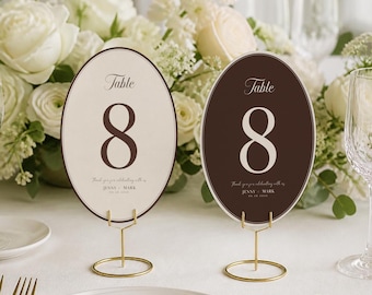 Numéros de table ovales brun expresso, Modèle de numéro de table de mariage de luxe « Old Money », Décoration de réception Canva modifiable, Panneau de table imprimable
