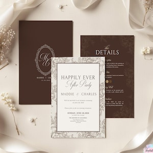 May include: A set of three wedding invitation cards in dark brown and cream. The cards feature elegant serif typography, a central oval monogram, and a floral border design. The text includes "Happily Ever After Party," "Maddie & Charles," and "Sunday, June 28, 2026," alongside details for the ceremony and reception.