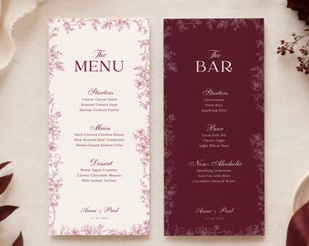 Burgundy Floral Wedding Menu & Bar Template, Editable Canva Wedding Menu, Drink Menu Card, Elegant Floral Reception Stationery