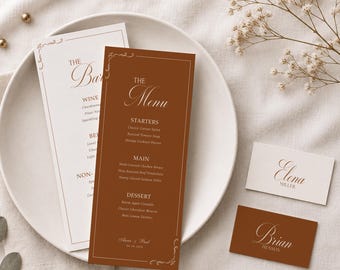 Plantilla de menú de boda en terracota, menú y tarjeta de lugar editables en Canva, menú de bar imprimible, decoración de recepción de boda estilo boho, menú de 4x9 pulgadas