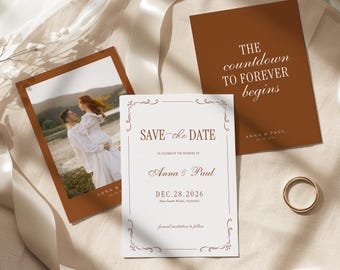 Save-the-Date-Vorlage in Terrakotta, bearbeitbare Canva-Hochzeitseinladung, druckbare Boho-Einladung, digitale Save-the-Date-Karte, rustikale Karte