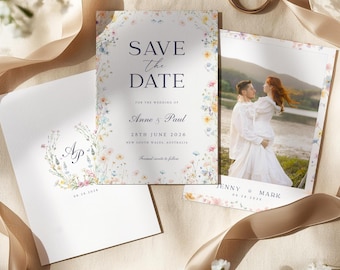 Save-the-Date-Vorlage mit Wildblumenmuster, bearbeitbare Canva-Hochzeitseinladung, florale Wiesen-Hochzeitseinladung, druckbar & digital