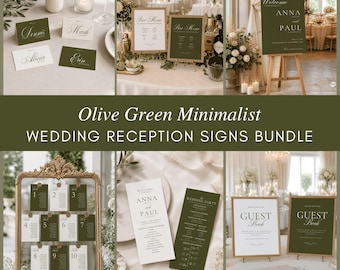May include: A collection of wedding reception stationery featuring olive green and white color schemes. Items include place cards, bar menus, a welcome sign, a seating chart, ceremony programs, and guest book signs with elegant serif typography.