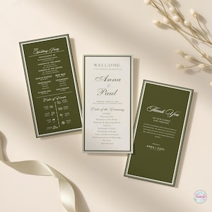 Może przedstawiać: Trzy prostokątne karty z programem ślubnym w kolorze ciemnej oliwkowej zieleni i bieli. Środkowa karta zawiera tekst Welcome to the wedding celebration of Anna & Paul, a karty boczne przedstawiają szczegóły dotyczące uroczystości i podziękowania.