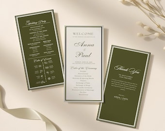 May include: Three rectangular wedding program cards with a dark olive green and white color scheme. The center card features the text Welcome to the wedding celebration of Anna & Paul, while the side cards display the wedding party and thank you notes.