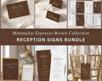 May include: A collection of minimalist espresso brown reception signs. The bundle includes thank you cards, place cards, table numbers, bar menus, dinner menus, and reserved tags. The signs have a clean, elegant design with gold accents and are perfect for weddings or events.