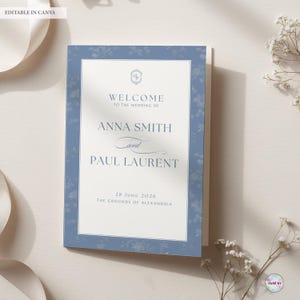 Dusty Blue Folded Wedding Program Template, French Toile Ceremony Program, Chinoiserie Wedding Program, Editable Canva Template