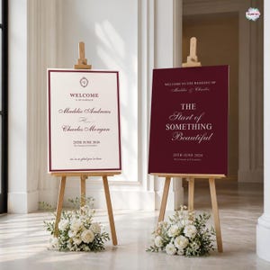 Könnte beinhalten: Zwei hölzerne Staffeleien mit Hochzeitsschildern. Das linke Schild ist cremefarben mit kastanienbraunem Text: Welcome to the wedding of Maddie Andrews and Charles Morgan 28th June 2026. Das rechte Schild ist kastanienbraun mit weißem Text: The Start of Something Beautiful.