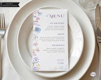 Cartello per menù e bar per matrimonio a tema fiori selvatici – Biglietti di benvenuto stampabili – Modello di menù per cena in stile boho floreale – Design modificabile su Canva WF8