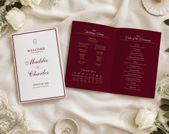 May include: A wedding programme set featuring a white cover with burgundy text reading Welcome to the wedding of Maddie and Charles 28th June 2026 and an open burgundy interior booklet detailing the wedding party and order of ceremony.