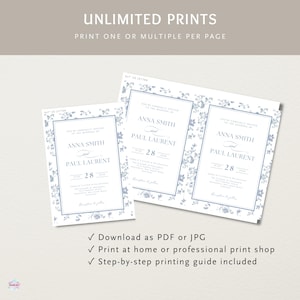 K&ouml;nnte beinhalten: Hochzeitseinladungsdesign mit den Namen "Anna Smith" und "Paul Laurent" und dem Datum "28. Juni 2024". Die Einladungen haben einen floralen Rand und sind auf wei&szlig;em Papier gedruckt. Der Text "UNLIMITED PRINTS" steht oben.