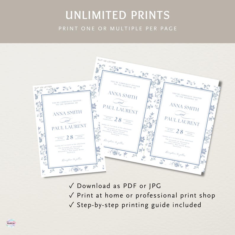 K&ouml;nnte beinhalten: Hochzeitseinladungsdesign mit den Namen "Anna Smith" und "Paul Laurent" und dem Datum "28. Juni 2024". Die Einladungen haben einen floralen Rand und sind auf wei&szlig;em Papier gedruckt. Der Text "UNLIMITED PRINTS" steht oben.