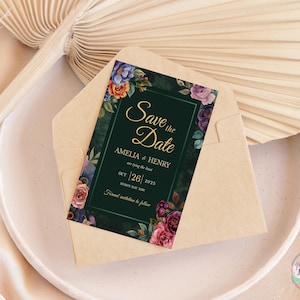 Plantilla para guardar la fecha en tonos joya • Tarjeta de boda burdeos esmeralda azul marino • Diseño editable en Canva • Imprimible floral formal - JT01