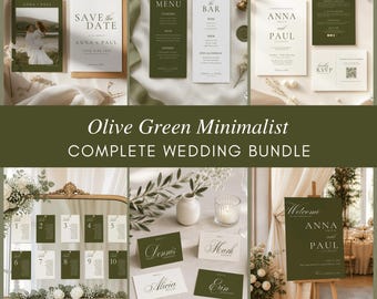 May include: A wedding stationery bundle featuring olive green and white cards, including a Save the Date with a photo, menu, bar list, details card, RSVP card, table numbers, place cards, and a large welcome sign with elegant serif typography.