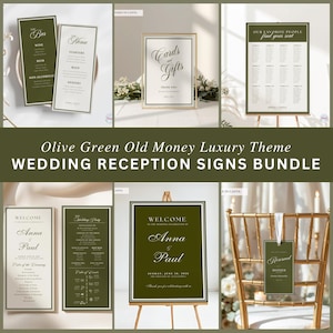 Peut inclure: Un ensemble de signalétique pour réception de mariage avec des tons vert olive et blanc. Le lot comprend des cartes de menu et de bar, un panneau pour cartes et cadeaux, un plan de table, des panneaux d'accueil et une étiquette de chaise réservée.