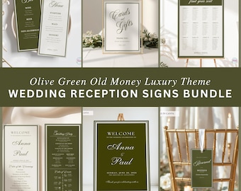 Set mit olivgrünen Schildern im Stil der 50er-Jahre für eine luxuriöse Hochzeitsfeier, elegante Hochzeitsdekoration, bearbeitbare Canva-Vorlage