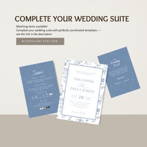 K&ouml;nnte beinhalten: Hochzeitspapeterie-Set mit einer floralen Einladung, einer Detailkarte und einer Wunschkarten. Die Einladung zeigt die Namen Anna Smith und Paul Laurent mit dem Datum 28. Juni. Die Karten sind blau mit wei&szlig;en floralen Akzenten.
