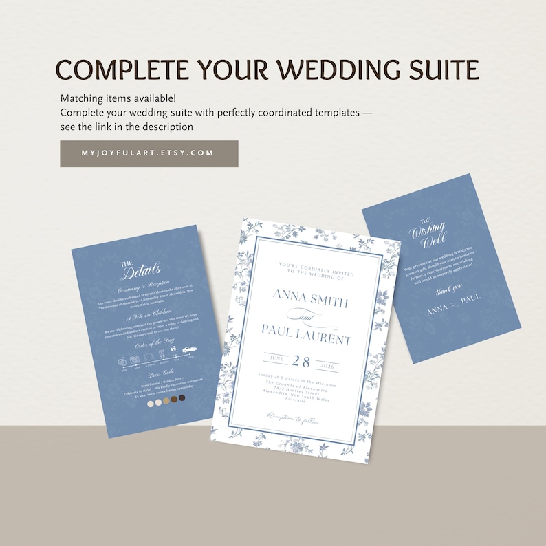 K&ouml;nnte beinhalten: Hochzeitspapeterie-Set mit einer floralen Einladung, einer Detailkarte und einer Wunschkarten. Die Einladung zeigt die Namen Anna Smith und Paul Laurent mit dem Datum 28. Juni. Die Karten sind blau mit wei&szlig;en floralen Akzenten.