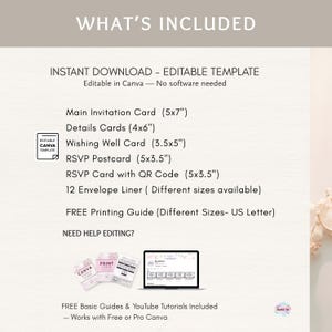 K&ouml;nnte beinhalten: Eine digitale Vorlage f&uuml;r eine Hochzeitseinladung, die den Inhalt eines Sets auflistet. Enth&auml;lt eine Haupt-Einladungskarte (12,7x17,8 cm), Detailkarten (10,2x15,2 cm) und RSVP-Karten. Die Vorlage ist in Canva bearbeitbar und enth&auml;lt kostenlose Druckanleitungen.