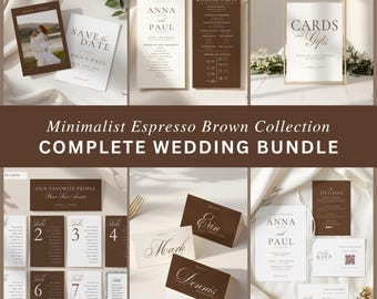 May include: A collection of minimalist wedding stationery in shades of brown and white. The set includes invitations, table cards, RSVP cards, and signage. The text includes "Save the Date", "Anna & Paul", and "Cards & Gifts".