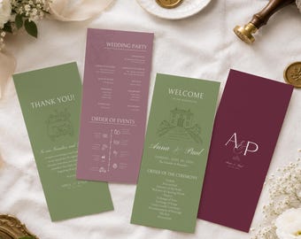 May include: Four rectangular wedding program cards in shades of sage green and deep burgundy. The cards feature white text, line art illustrations of a car and a house, and the initials A&P. The programs detail the wedding party and ceremony.