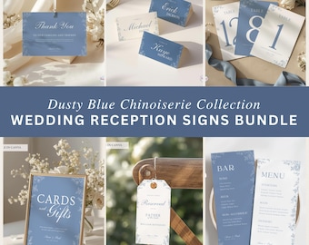 Dusty Blue Wedding Reception Bundle, French Toile Reception Signs, Chinoiserie Wedding Decor, Editable Canva Reception Bundle