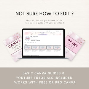 K&ouml;nnte beinhalten: Ein Laptop zeigt einen YouTube-Kanal mit Video-Tutorials. Zwei rosa Ratgeber, "Canva Basics Guide" und "Print Guide", sind zu sehen. Der Text lautet "Not sure how to edit?" und "Basic Canva Guides & YouTube Tutorials included."