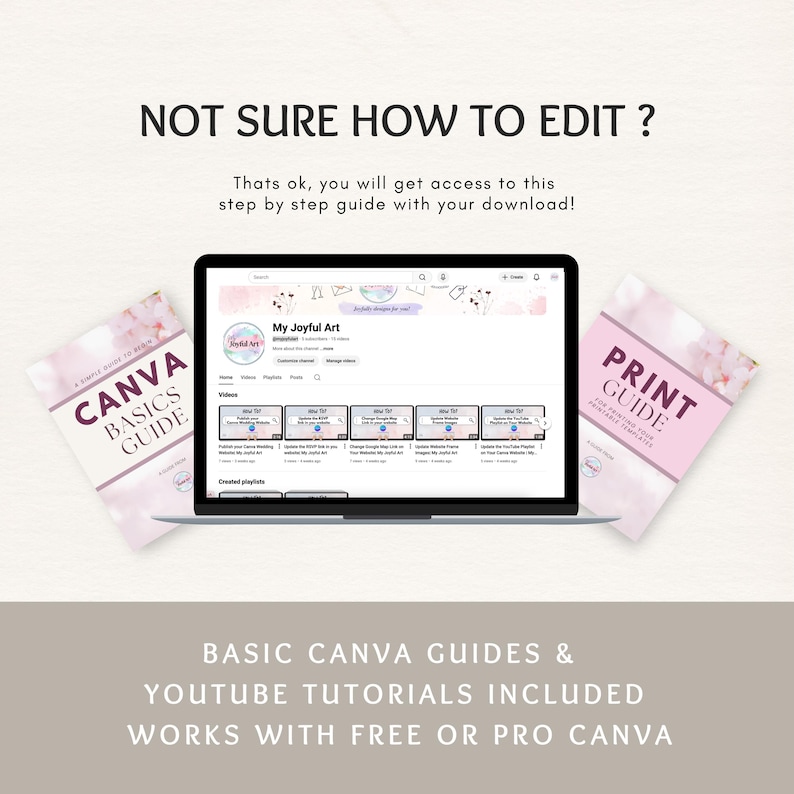K&ouml;nnte beinhalten: Ein Laptop zeigt einen YouTube-Kanal mit Video-Tutorials. Zwei rosa Ratgeber, "Canva Basics Guide" und "Print Guide", sind zu sehen. Der Text lautet "Not sure how to edit?" und "Basic Canva Guides & YouTube Tutorials included."