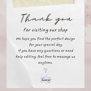K&ouml;nnte beinhalten: Eine wei&szlig;e Karte mit den Worten "Thank you" in eleganter Schrift. Die Karte enth&auml;lt den Text "For visiting our shop" und "We hope you find the perfect design for your special day."