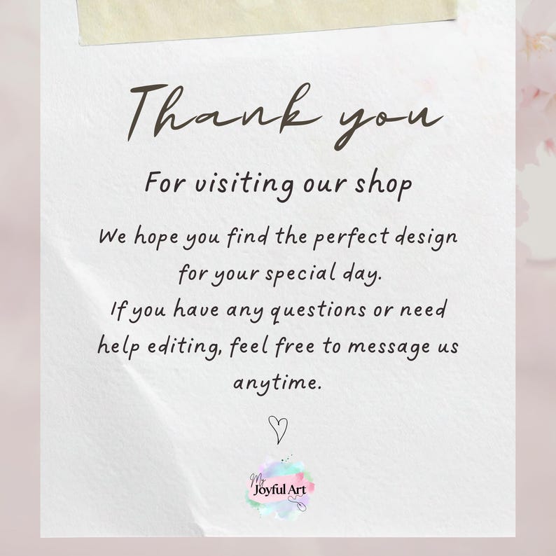K&ouml;nnte beinhalten: Eine wei&szlig;e Karte mit den Worten "Thank you" in eleganter Schrift. Die Karte enth&auml;lt den Text "For visiting our shop" und "We hope you find the perfect design for your special day."
