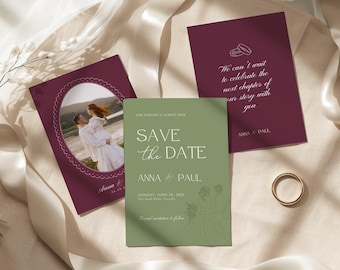 May include: A set of wedding stationery including a burgundy card with a photo of a couple in an oval frame, a sage green Save the Date card with line art of a couple, and a burgundy card with text and ring icons, plus a gold wedding band.