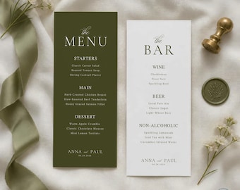 May include: A dark olive green menu card and a white bar menu card, both featuring black text. The menu lists starters, main courses, and desserts. The bar menu lists wine, beer, and non-alcoholic drinks. Both cards are signed Anna and Paul.