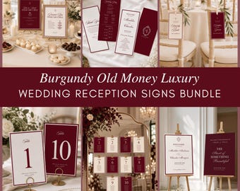 Pode incluir: Um conjunto de sinalização para recepção de casamento em cartolina bordô e creme com tipografia elegante. A coleção inclui placas de boas-vindas, números de mesa, mapas de assentos e etiquetas com nomes e detalhes do evento.