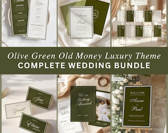 May include: A wedding stationery bundle featuring olive green and white designs. Includes menu cards, wedding invitations, table numbers, place cards, save the date cards, and a welcome sign. All items display elegant serif typography and formal text.