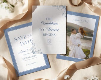 Save-the-Date-Vorlage in Staubblau, Save-the-Date-Karte mit blauem Blumenmuster, Hochzeitseinladung im französischen Toile-de-Jouy-Stil, bearbeitbare Canva-Einladung