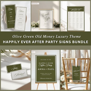 May include: A collection of olive green and white wedding stationery including bar and menu cards, a cards and gifts sign, a seating chart, table name cards, a welcome sign, and a reserved chair tag, all featuring elegant serif typography.