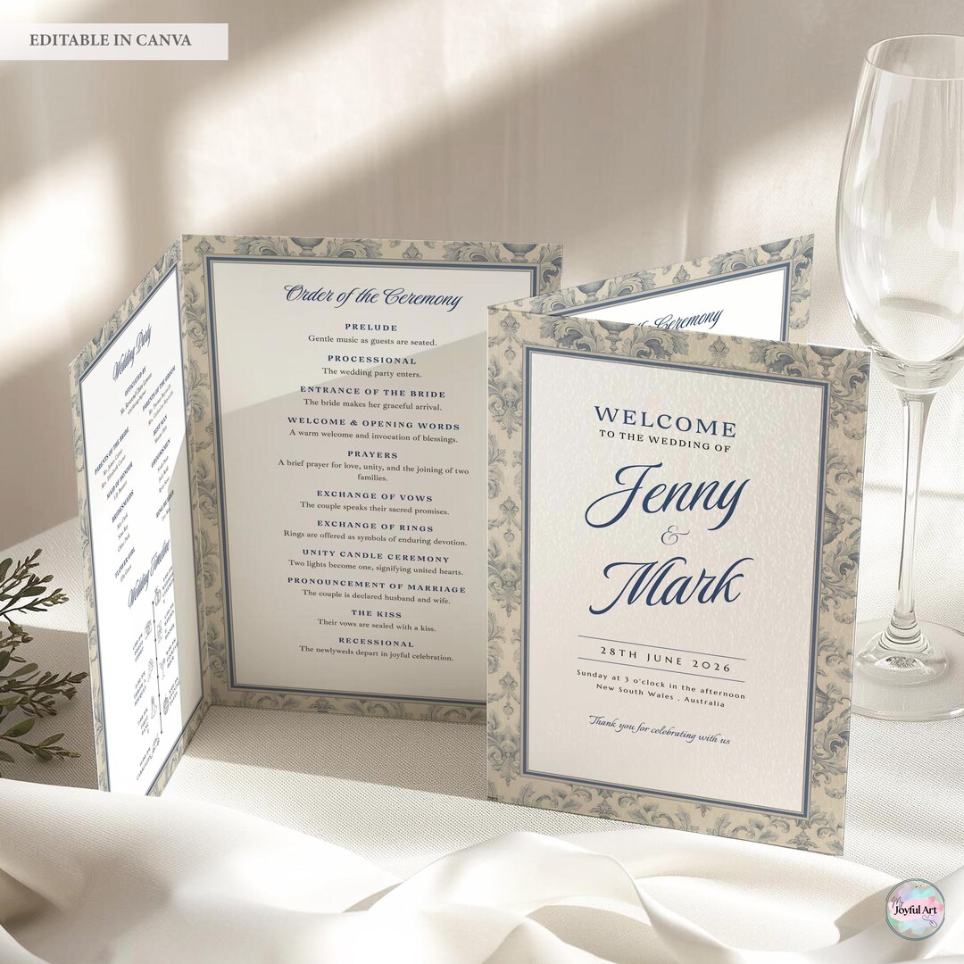 Old Program Template French Old Money Folded Wedding Program Template, Editable Canva ...