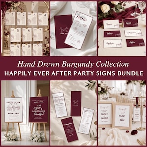 May include: A collection of wedding stationery featuring burgundy and white colour schemes with hand-drawn line art illustrations. The set includes table numbers, menus, place cards, welcome signs, and event programmes with text like Happily Ever After.