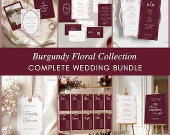 May include: A wedding stationery bundle featuring burgundy and white floral designs. Includes save the date cards, invitations, RSVP cards, menus, bar signs, table tags, seating charts, and welcome signs with text like Anne and Paul and The Bar.