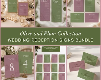 May include: A wedding reception stationery bundle featuring olive green and plum purple color schemes. The collection includes menu cards, bar signs, thank you notes, table numbers, seating charts, and place cards with elegant white typography.