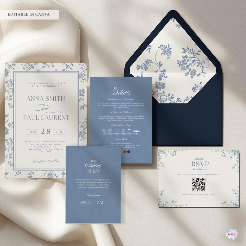 K&ouml;nnte beinhalten: Ein Hochzeitskarten-Set mit einem marineblauen Umschlag mit floralem Innenfutter, Einladung, Detailkarte, Wunschkarten und RSVP-Karte. Die Einladung enth&auml;lt die Namen "Anna Smith" und "Paul Laurent" sowie das Datum "28. Juni 2026".