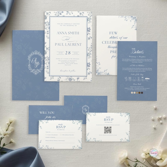 Dusty Blue Floral Wedding Invitation Suite, Blue Wedding Invite Template, Elegant Floral Stationery Set, Editable Canva Invitation