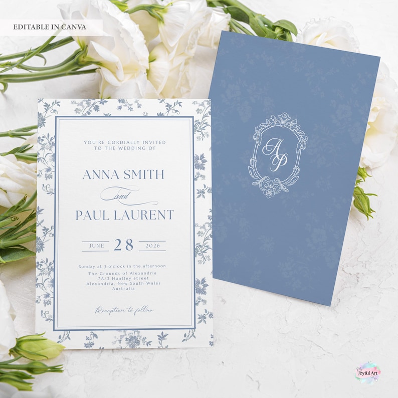 K&ouml;nnte beinhalten: Hochzeitseinladung mit floralem Design. Die Einladung tr&auml;gt die Namen "Anna Smith" und "Paul Laurent" mit dem Datum "28. Juni 2026". Die Einladung ist von einem floralen Rand umgeben und enth&auml;lt den Text "Sie sind herzlich zur Hochzeit von" .