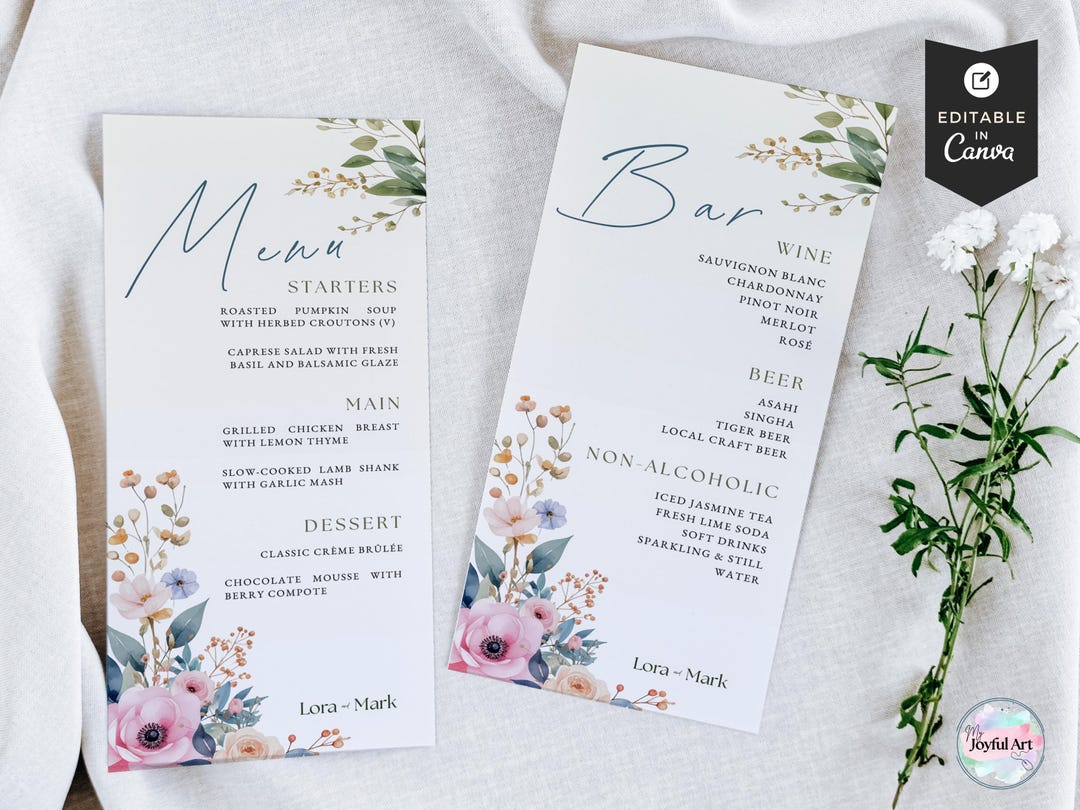 Whimsical Wedding Menu & Bar Sign Template • Editable Canva Printable ...