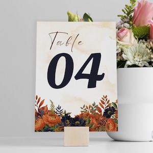 Burnt Orange Table Number Template – Fall Floral Wedding Table Card – Editable Canva Design – Terracotta Boho Printable Sign - WBN06