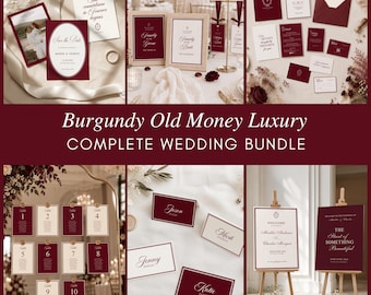 Burgundy Wedding Bundle, Old Money Luxury Invitation Suite and Signs, Editable Canva Templates, Ivory and Wine Red Wedding Stationery