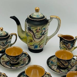 Vintage Japanese Dragonware Tea Set: Gray Moriage Porcelain, Gold Trim - 14 Piece
