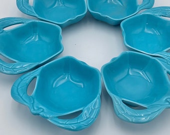 Mid Century California Aqua Pottery Apple shaped Bowls, Turquoise Ceramic Desert Set of 6 Bowls